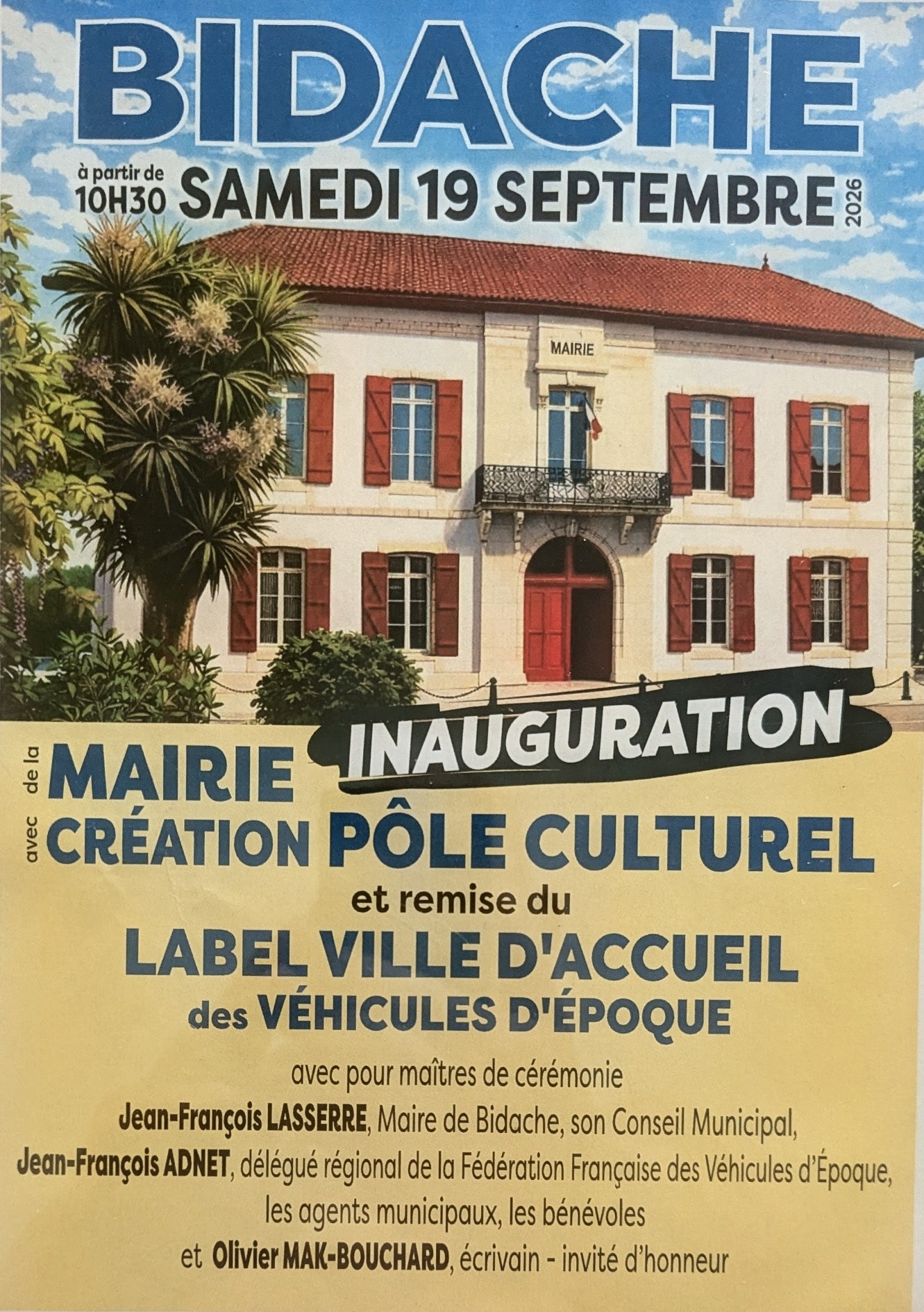 Inauguration du Pôle Culturel de Bidache le samedi 19 septembre 2026.